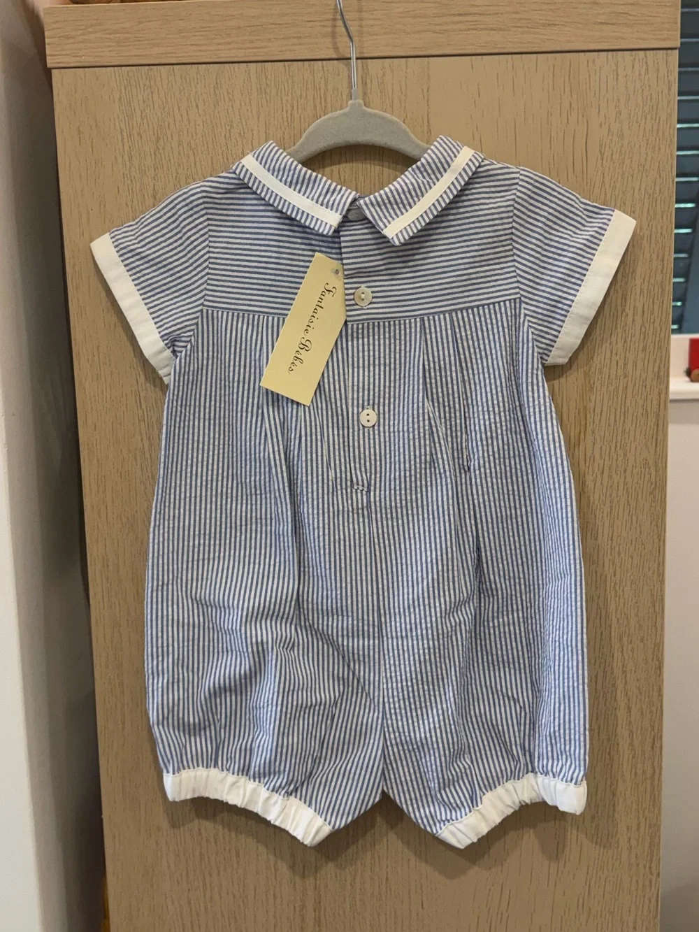 Blue & White Striped Baby Bubble Romper with Bow Collar